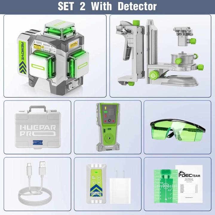 Nivelă laser Huepar 3D ZK03CG, 12 linii, precizie +/-2mm, IP54, verde, 38.5x11.5x32.6cm, cu detector