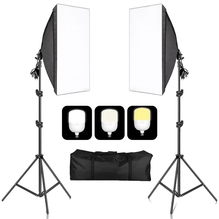 Kit de iluminare foto, 135W, doua culori, softbox, suport ajustabil, 50x70cm