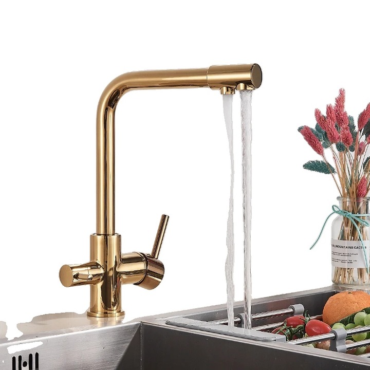 Fürdőszobai csaptelep, 360°-ban forgatható, modern dizájn, arany szín, függőleges rögzítés