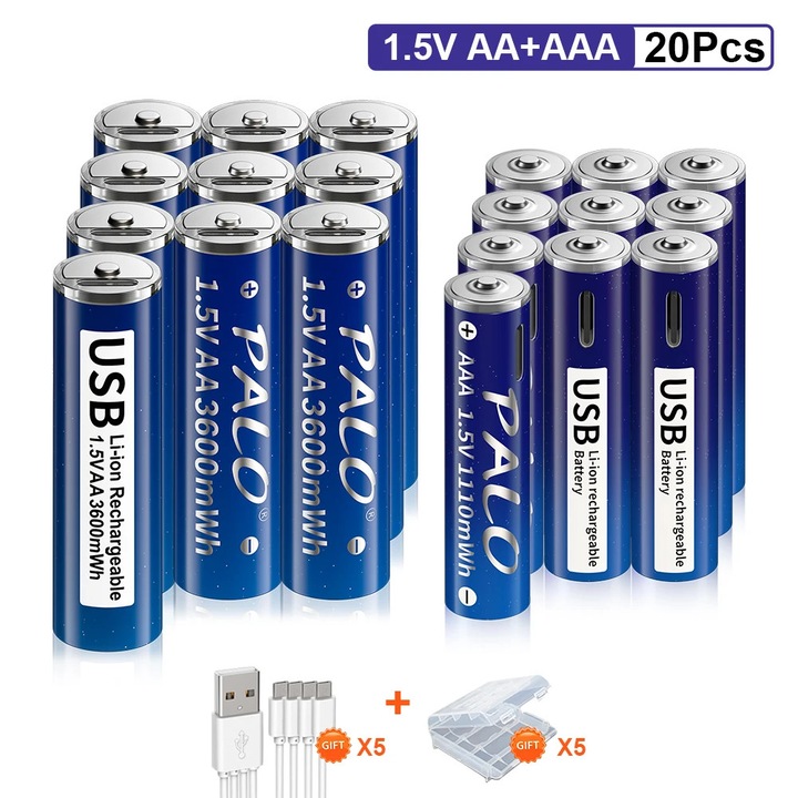 Комплект от 20 акумулаторни батерии AA и AAA, Palo, 1.5V, 1500 цикъла, аксесоари включени
