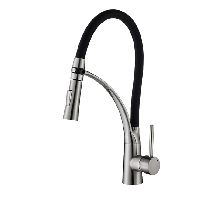 Fürdőszobai csaptelep, 360°-ban forgatható, behúzható fúvókával, szálcsiszolt nikkel