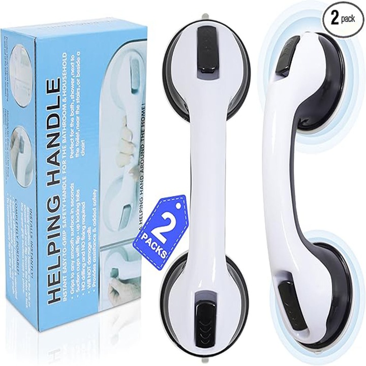 Set 2 manere de dus cu ventuza pentru persoane in varsta, plastic, alb/negru, 29.5x9.5cm