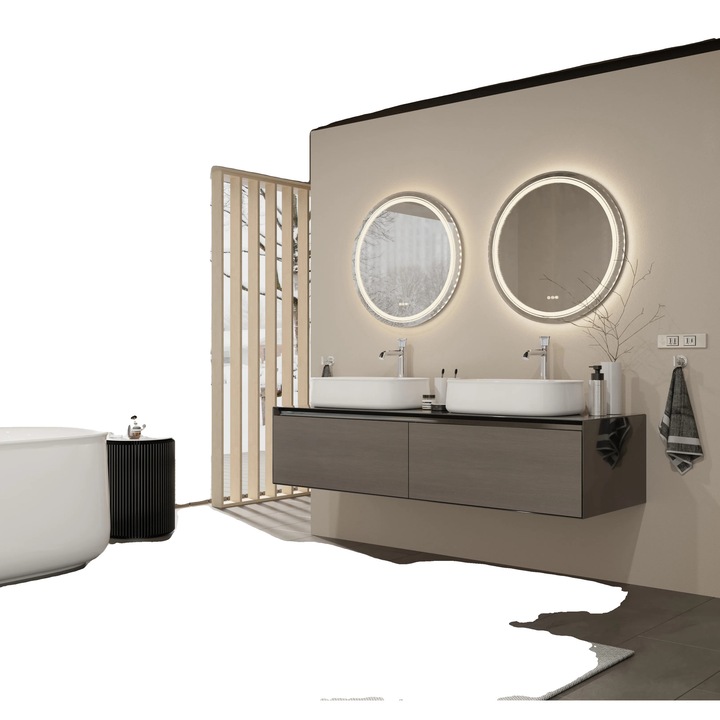 Oglinda cosmetica rotunda cu LED, functie anti-aburire, temperatura de culoare ajustabila, argintie, 60x60cm