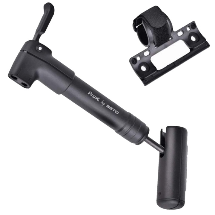 Велосипедна помпа ProX, мини, двойна глава, пластмаса, черна, 250x365 мм, 140 г, със скоба за монтаж на рамката