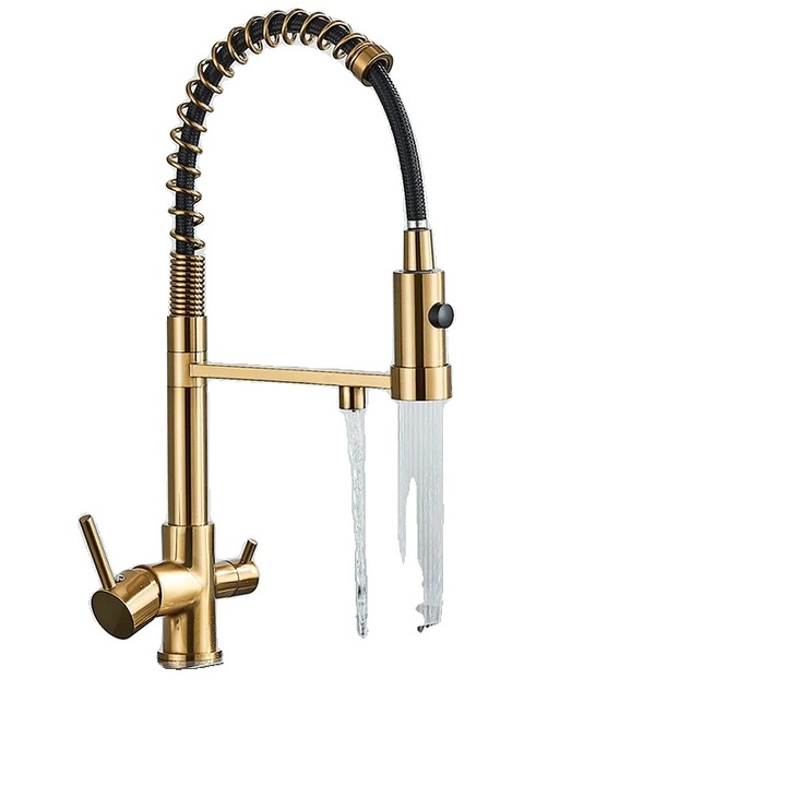 Смесител за баня, въртене на 360 градуса, 2 режима, покритие с матово злато, монтаж на плот