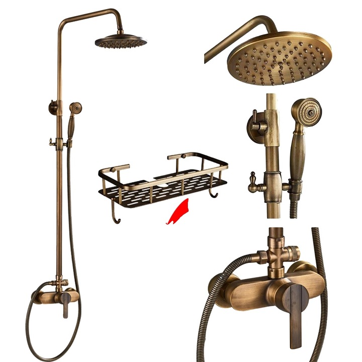 Sistem de dus cu finisaj din alama antica, design cu doua manete, cap de dus de 8 inch, cu bara glisanta