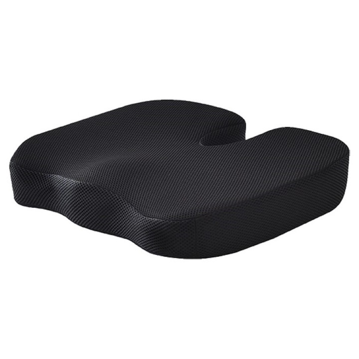 GEOMATAN® Ortopéd ülőpárna, Prémium memóriahab, max. 100 kg, irodai székhez vagy autóba, farokcsont kényelem, légáteresztő és csúszásmentes huzat, isiász, fájdalom, aranyér, 45x35x7 cm, fekete