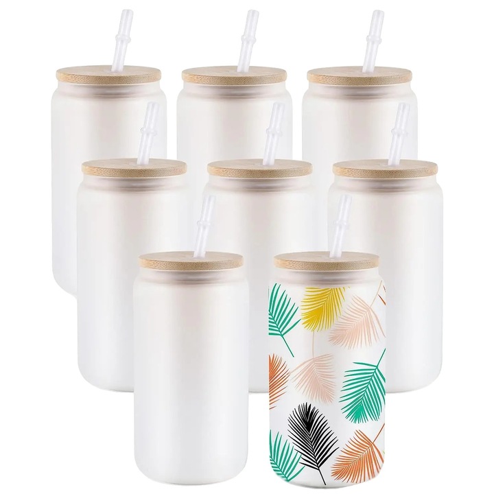 Комплект от 8 стъклени чаши с бамбуков капак, 16oz, сублимационен дизайн, устойчиви на топлина и студ