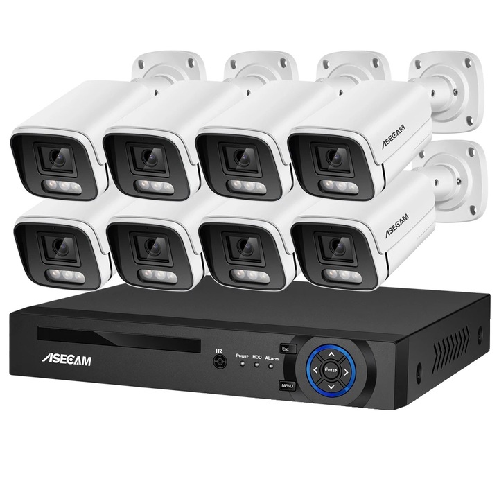 Sistem de camere de securitate, rezolutie 4K, vedere nocturna color AI, NVR cu 8 canale si 8 camere, alb/negru