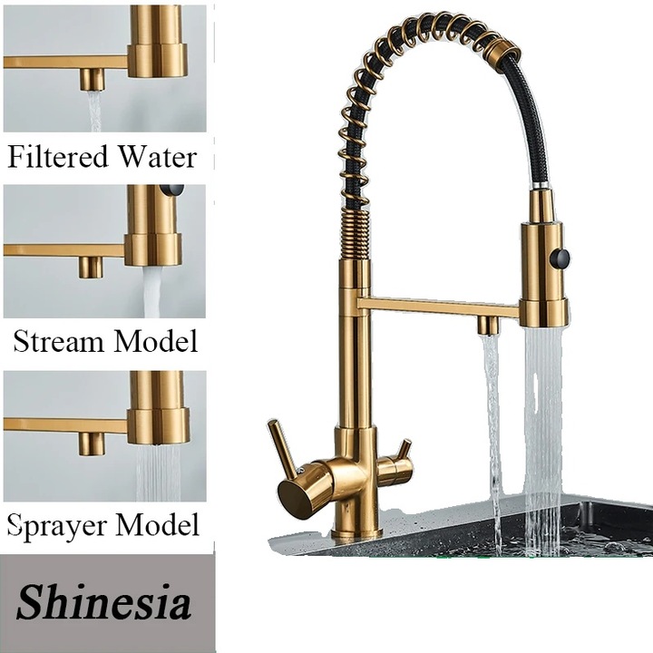 Fürdőszobai csaptelep, szálcsiszolt arany, sárgaréz szerkezet, 3 vízfunkció, szűrővel kompatibilis