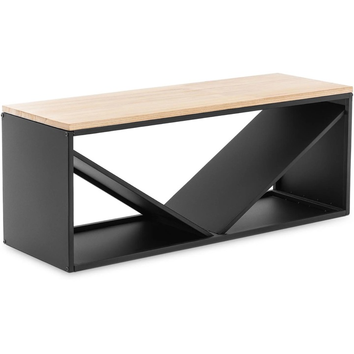 Suport pentru lemne de foc cu banca, Hillvert, 104x35x41cm, negru+maro deschis, capacitate 20kg
