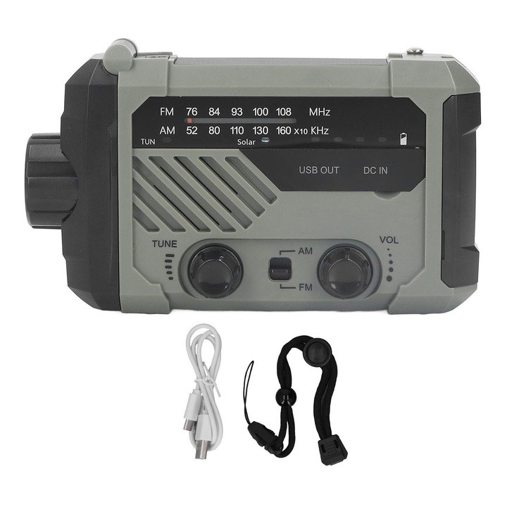 Radio de urgenta solar cu manivela, multifunctional, LED, 2000mAh, verde OD