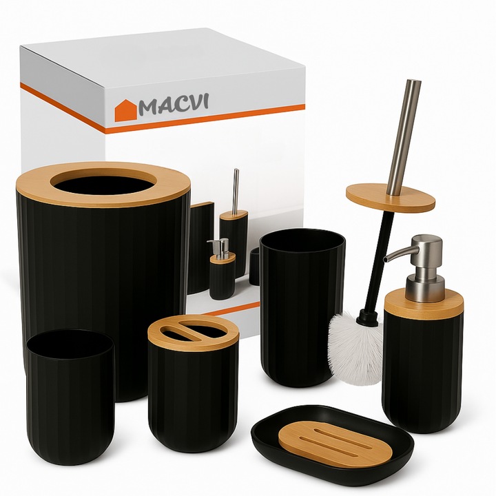 Set Baie Macvi® 6 Piese Negru Mat cu Accente de Lemn, Cos Gunoi, Perie WC, Dozator Sapun, Suport Periute, Pahar si Sapuniera