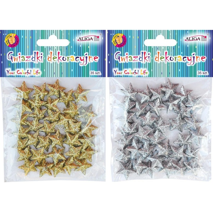 Set accesorii decorative, Aliga, stele plastic cu brocat, aurii si argintii, 35 buc.