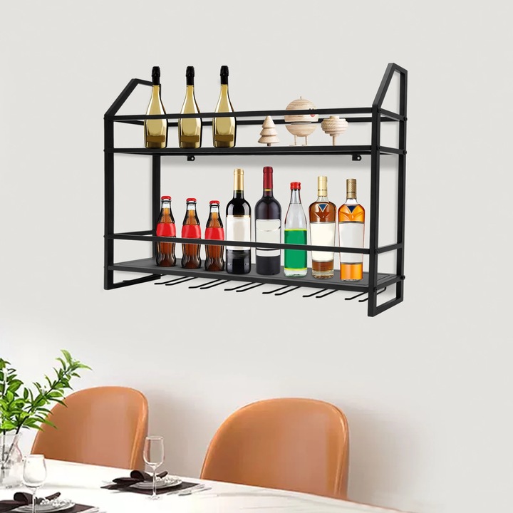 Suport vin de perete, model Bar Wine Shelf, capacitate 20 sticle si 7 pahare, montare perete, culoare neagra, calitate superioara