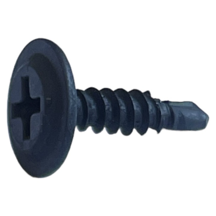Surub autoperforant, OEM, Otel zincat, Acoperirea galvanizata ofera o protectie excelenta impotriva coroziunii, Capul de spalare distribuie uniform presiunea, Otelul de inalta calitate asigura durabilitatea, Design robust, 4.2 mm x 13 mm, Negru