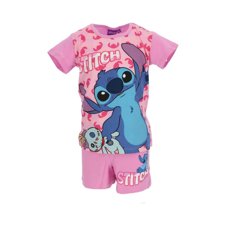 Pijama de vara cu maneca scurta pentru copii, Lilo si Stitch Roz, Roz