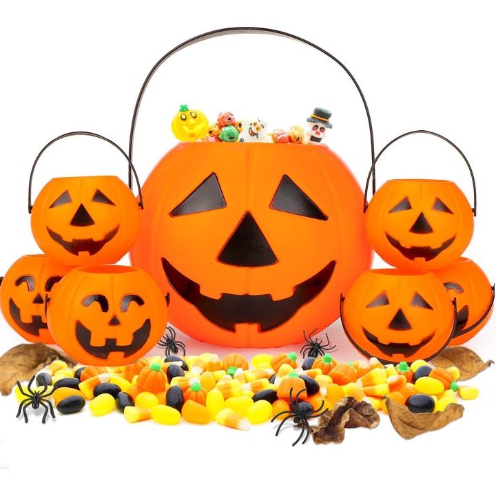 Set 7 galeti Halloween(1 galeata mare cu bomboane de dovleac, tip Trick or Treat, 6 galeti mici cu felinar)