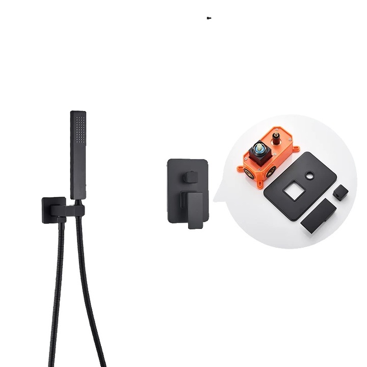 Set de dus incastrat, cap de dus tip ploaie, 2 cai, negru mat, 8 inch