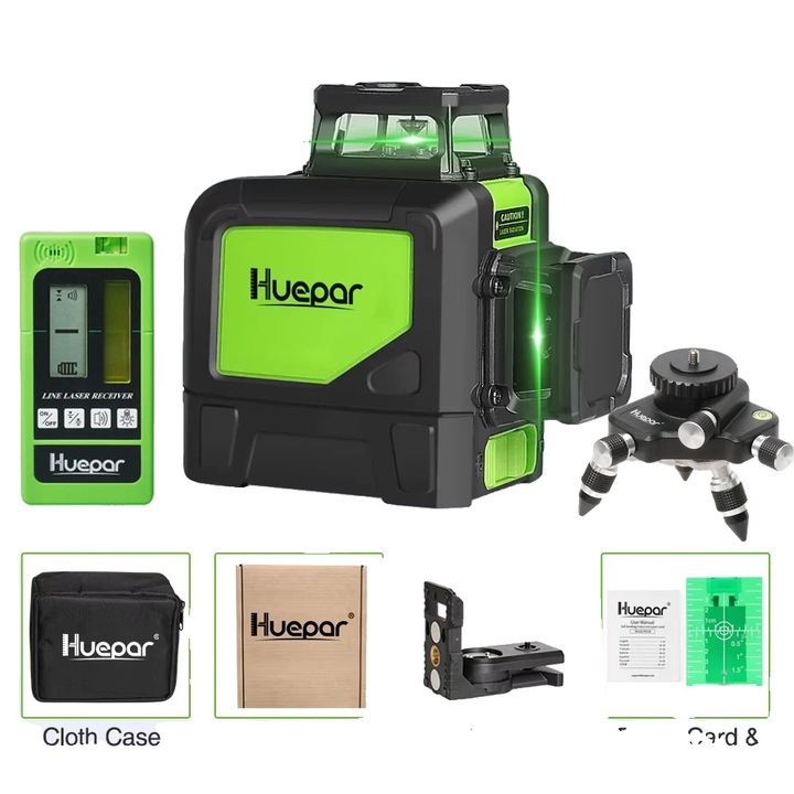 Лазерен нивелир Huepar 902CG, 360 градуса, зелен, 8.5x10 см, комплект с AT2 адаптер, детектор LR-5RG, магнитна основа, куфар, ръководство