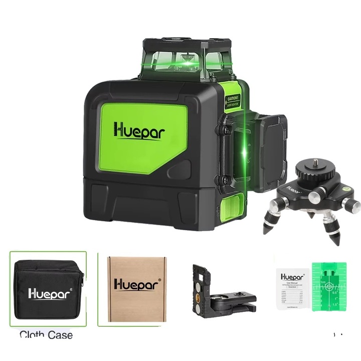 Лазерен нивелир Huepar 902CG, 360 градуса, с адаптер, зелен, 8.5x10 см