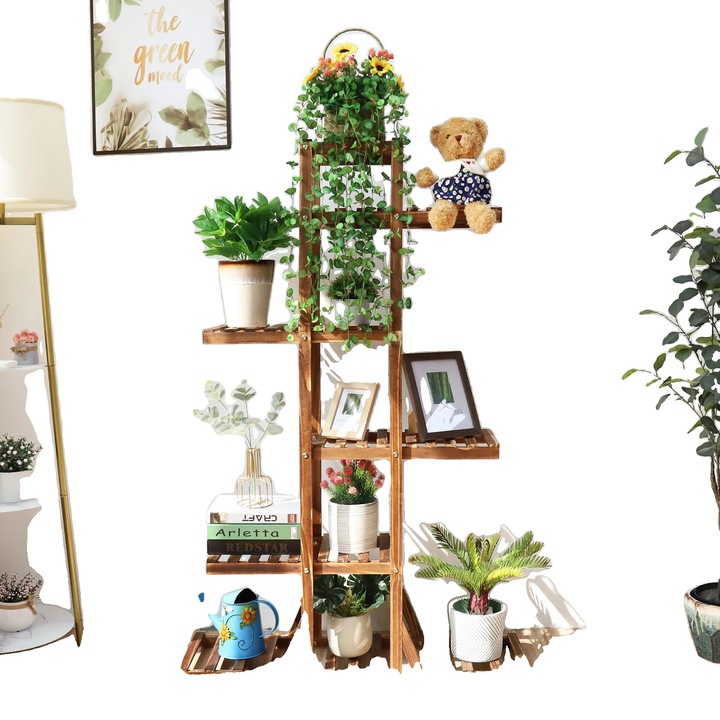 Suport pentru plante din lemn, 6 etaje, finisaj vopsit, maro, 35x10x52 in