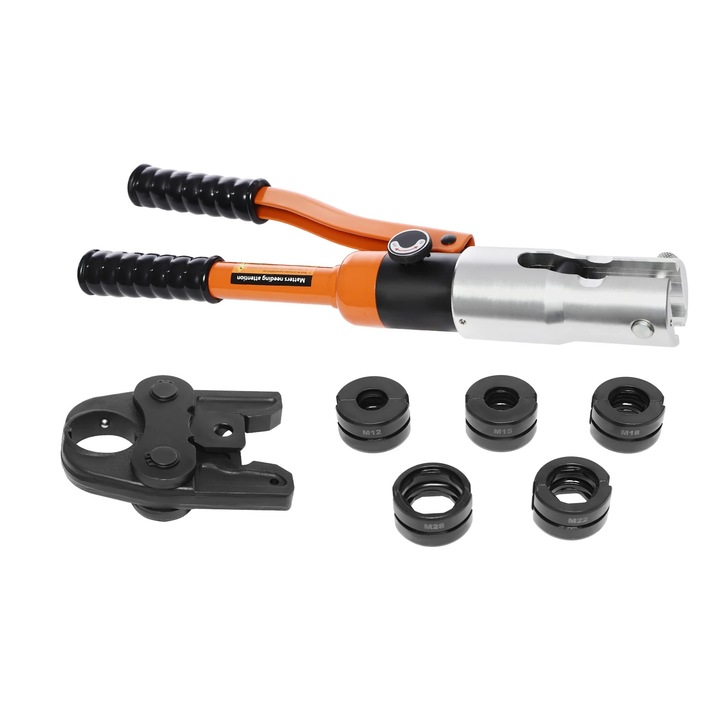 Rézcső préselő fogó, Hidraulikus prés, 10 t/100 kN, Lökethossz 20 mm, M 12–28 mm matricák, Szerszámkészlettel, Narancssárga