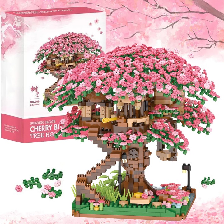 Set blocuri de constructii cires, Puepoul, 2008 Piese, Constructii 3D, Decor Interior, Educativ si Creativ, Material Solid Non-Toxic, Colectia Botanica, Relaxare Creativa si Mindfulness, STEM, 8 ani+, Cadoul Perfect pentru Copii si Adulti, Roz