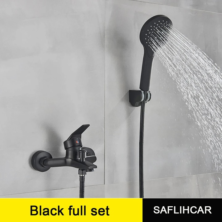 Fürdőszobai csaptelep, komplett szett, modern dizájn, matt fekete, egykaros vezérlés