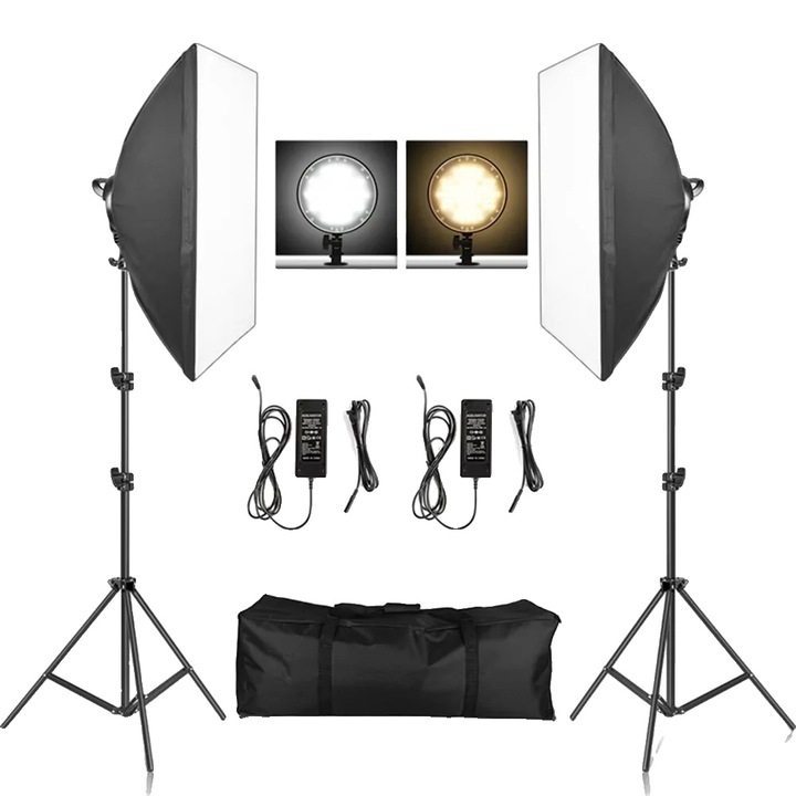 Set kit de iluminare foto, 2 softboxuri, 2 stative, 2 lampi LED, 2M
