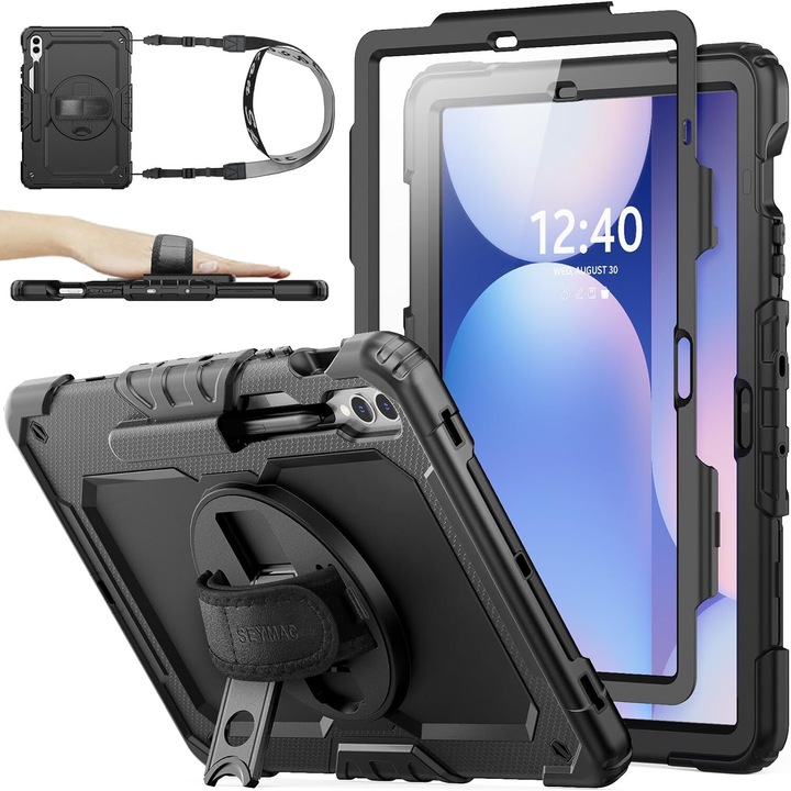 Pachet 360: Husa cu folie integrata pentru Samsung Galaxy Tab S10 FE+ Plus 13.1 inch Shockproof Armor negru