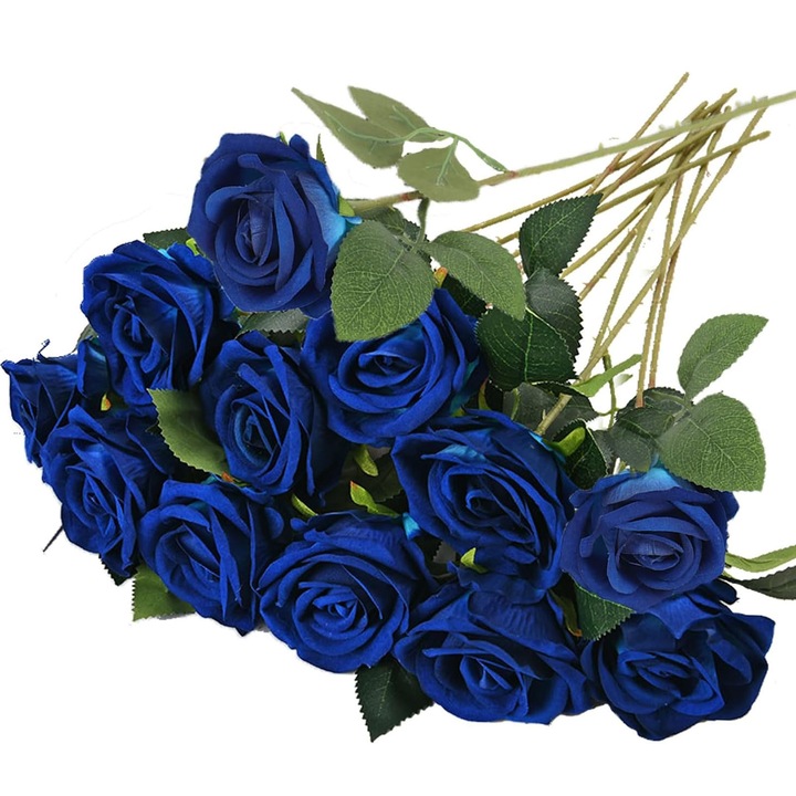 Set 12 flori artificiale, ZGGZERG, Ramura 52cm, Model de trandafir, Rezistente La UV, Care nu se decoloreaza, Aspect simulat, Usor de intretinut, Reutilizabil, Pentru decorat tort, Home Decor, Nunti DIY, Plastic, Diametru 7 cm, Albastru