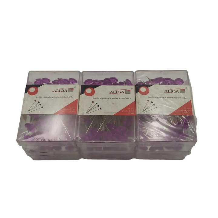 Игли с ромбовидна глава, Aliga, лилави, 9 мм, комплект от 50 броя, 6 опаковки