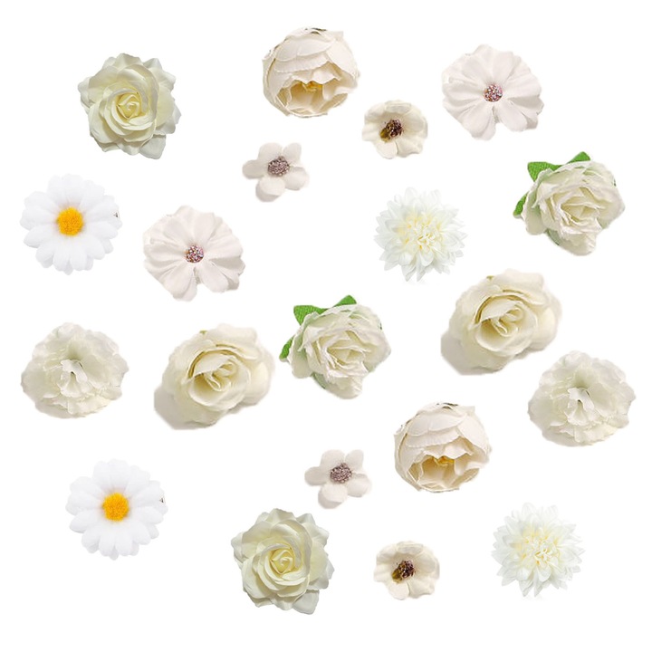 Set 20 capete de flori artificiale, ZGGZERG, Cu dalie, trandafiri, Rezistente UV, Nu se estompeaza usor, Usor de intretinut, Reutilizabil, Pentru buchete de mireasa de nunta DIY, aranjamente florale, decoratiuni pentru casa, Textil, Alb