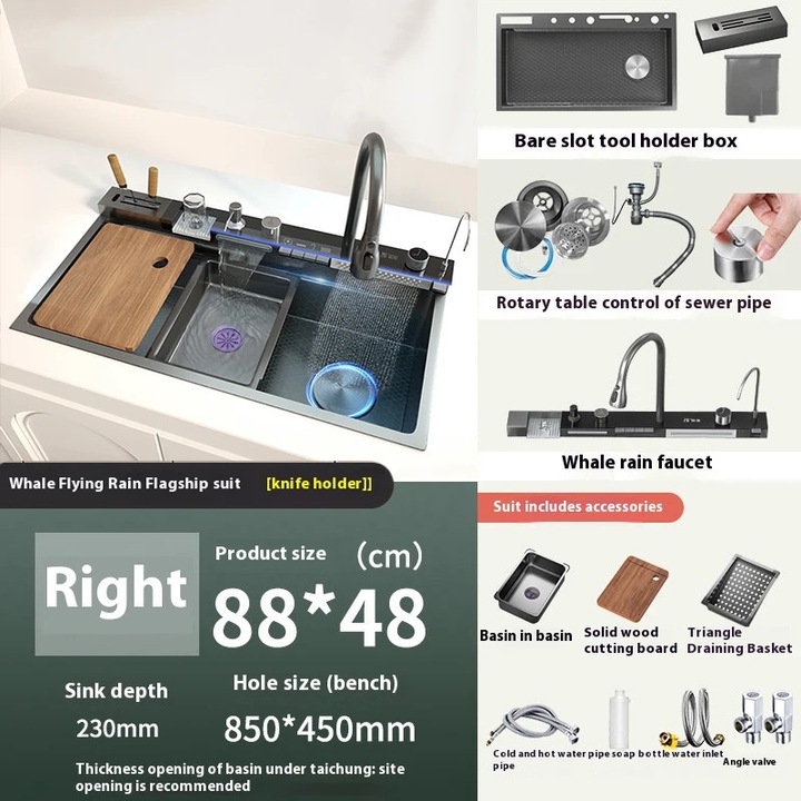 Chiuveta bucatarie, 750x460mm, cu sistem de drenaj integrat, cu suport pentru legume, 88x48cm