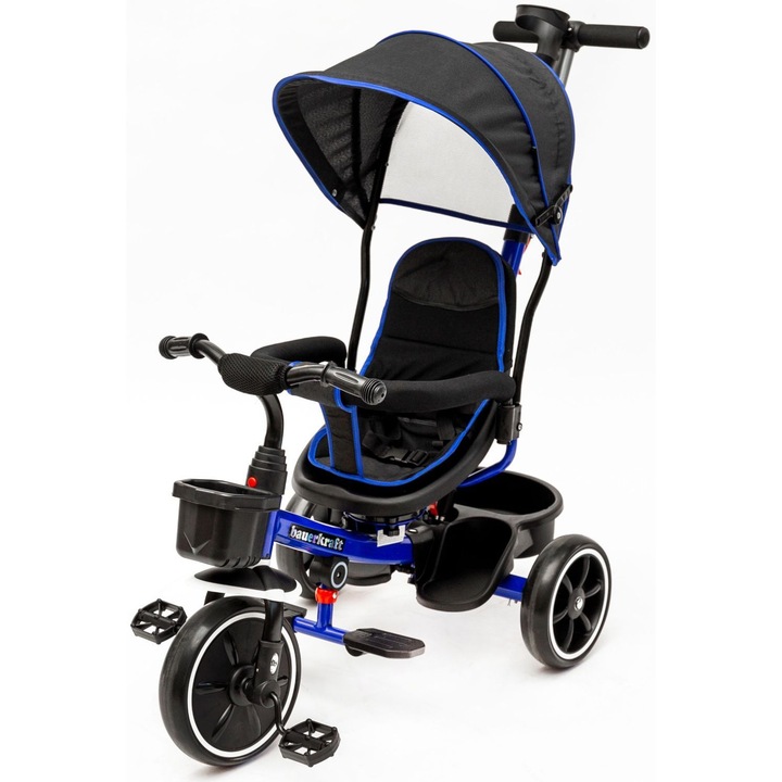 Триколка Bauerkraft 2 в 1 със сенник, въртящо се колело, синя, 66x22x32см