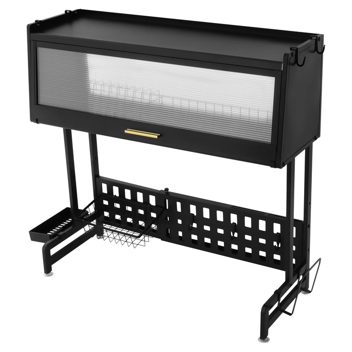 Suport de uscare vase, Pentru deasupra chiuvetei, Extensibil, Rezistent la rugina, Dimensiuni 84, 5×28×31 cm, Sarcina maxima 100 kg, Otel carbon si PP, Negru