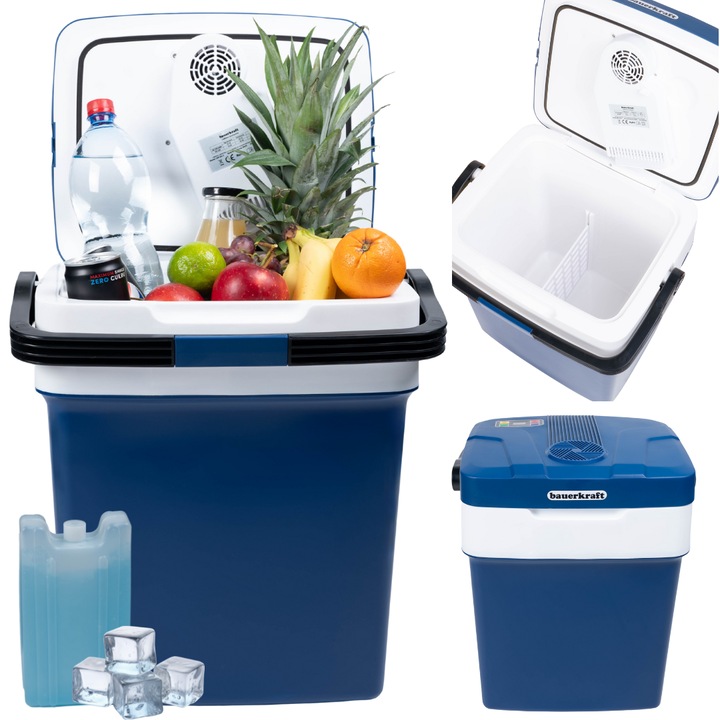 Преносим хладилник Bauerkraft 29l, бяло-син, с електронен дисплей, комплект с охлаждаща батерия 0.4l, 32x41x48cm