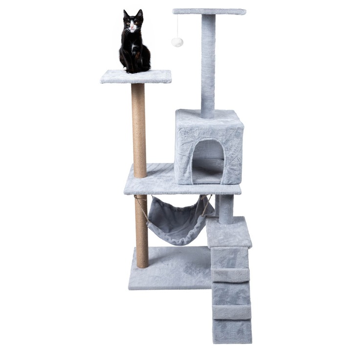 Драпак за котки, bauerkraft, 4 нива, сив, комплект с къщичка и наблюдателни платформи