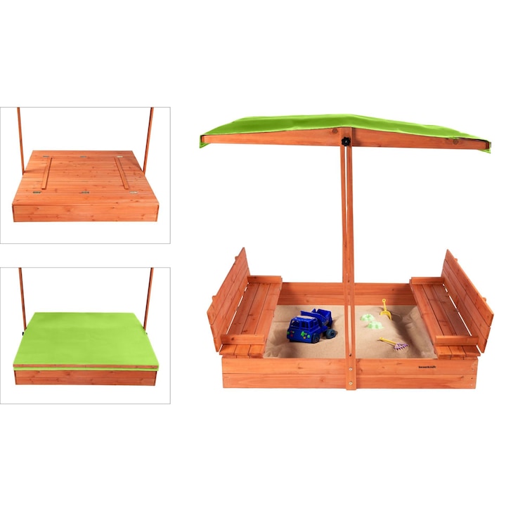 Lada cu nisip Bauerkraft 120x120x120cm, lemn, verde deschis, copertina pliabila si bancute