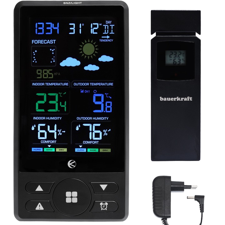 Statie meteorologica fara fir bauerkraft, termometru, barometru, ceas, alarma, senzor extern, 9,4x5,2x18,2cm