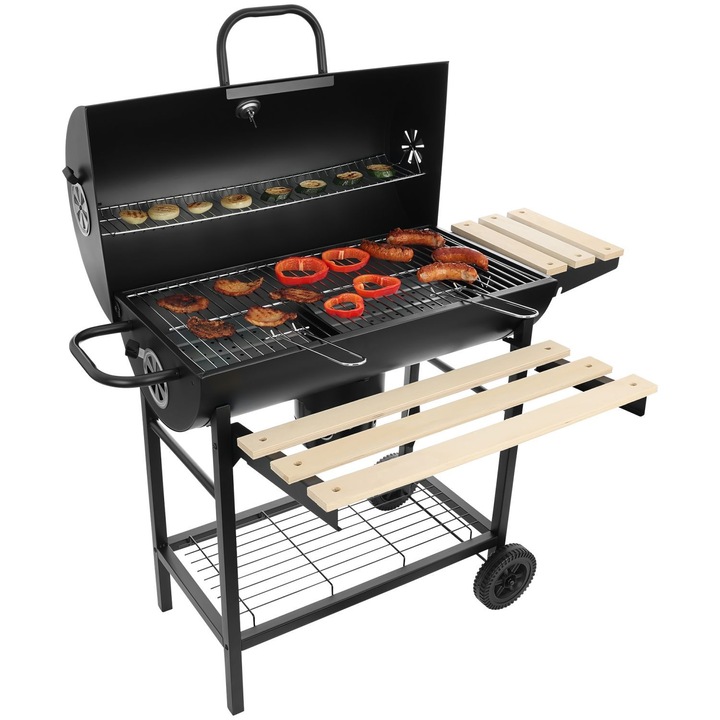 Gratar de gradina Bauerkraft, inchis, pe roti, 70x35cm, cu termometru, 104x92x66cm