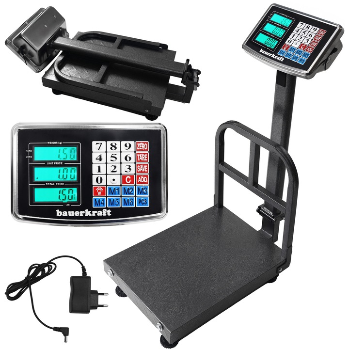 Електронна платформена везна Bauerkraft, максимален капацитет 200 кг, осветен LCD дисплей, размери 40x30 см, захранвана от батерии