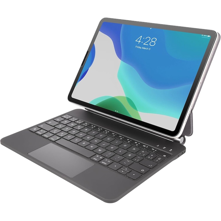 Husa Rii HL128 pentru iPad Pro 10.9/11, tastatura spaniola QWERTY, 7 culori de iluminare, design magnetic, touchpad