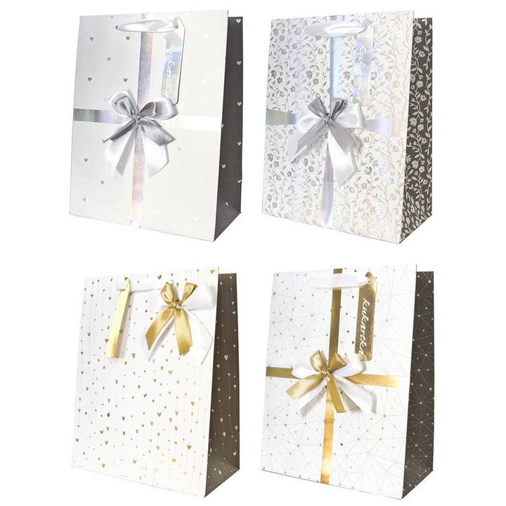 Set 12 torbe de prezent KUKARTKA, 18x23x10 cm, metalizate, cu decoratiuni
