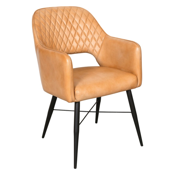 Scaun dining cu brate din piele cognac si picioare metalice negre, Z-Home