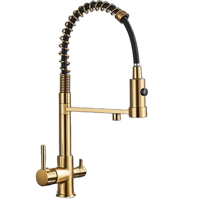 Кухненски смесител с филтър, хромирано покритие, две дръжки, топла и студена вода, матово злато