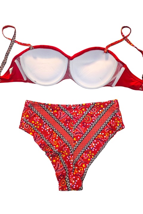 Двукомпонентен бански IVORIN, слипове с флорален принт и сутиен с повдигащ ефект, ЧЕРВЕН, Размер 40, FashionForYou