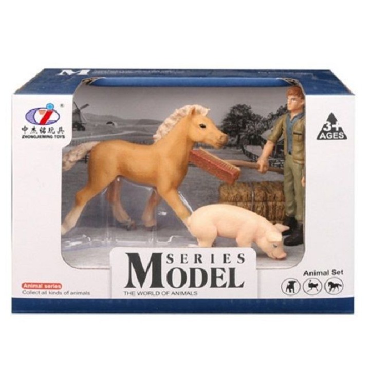 Set de figurine animale din plastic pentru copii, maro deschis cal si porc cu fermier, 17x9x12 cm