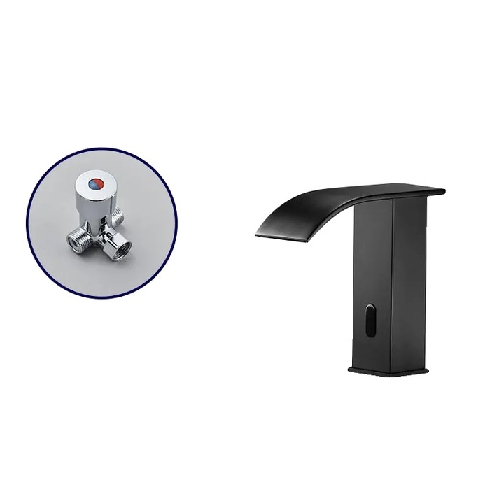 Fürdőszobai csaptelep, okosérzékelővel, érintésmentes működtetéssel, meleg és hideg víz szabályozással, fekete, mosogatóra szerelhető